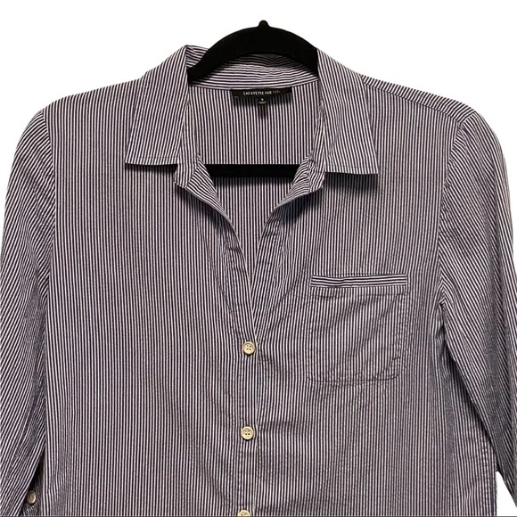 Lafayette 148 NAVY BLUE White Striped Ticking Button Down Timeless Blouse 4536 - Picture 2 of 5